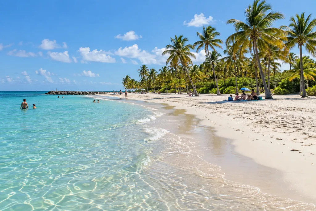 A beach with clear water, white sand, and palm trees.