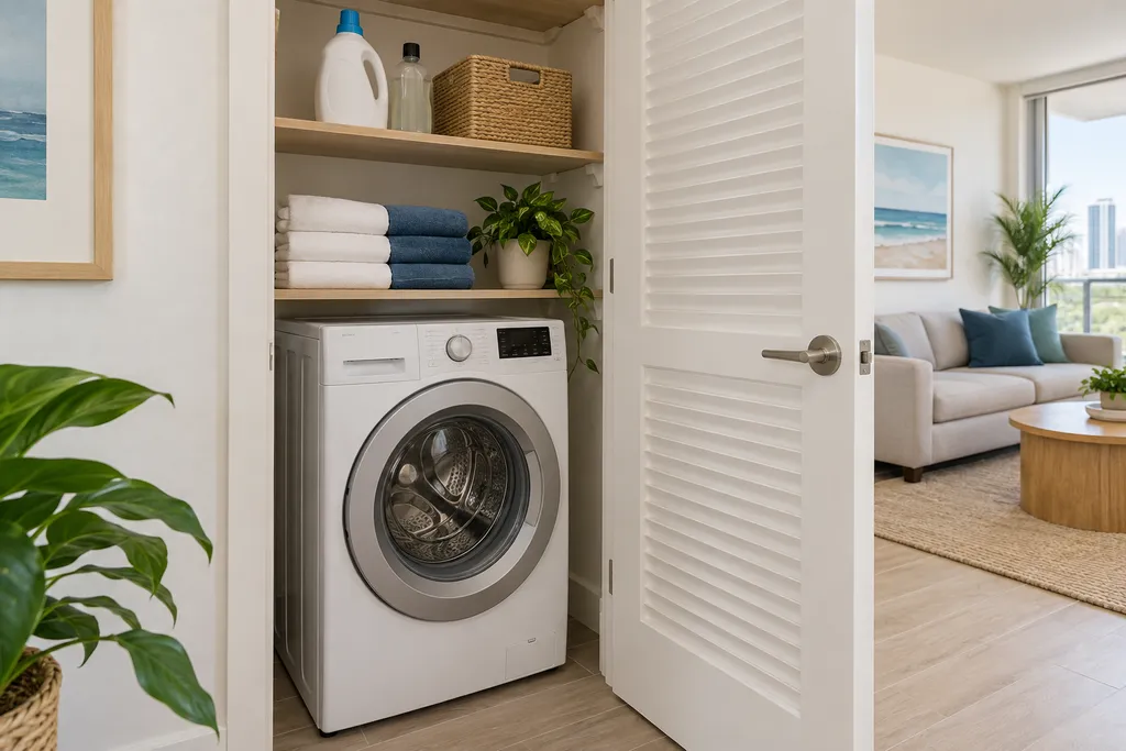A small laundry room with a front-loading washer, shelves, and a living room beyond.