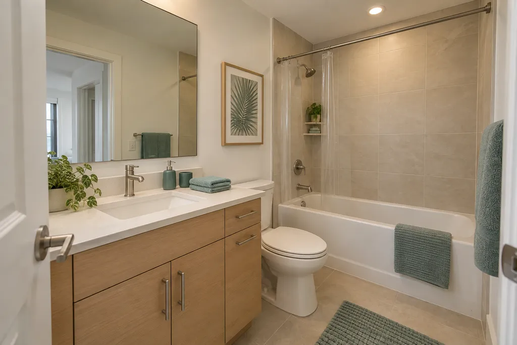 A bathroom with a sink, mirror, toilet, bathtub, and wooden cabinets.