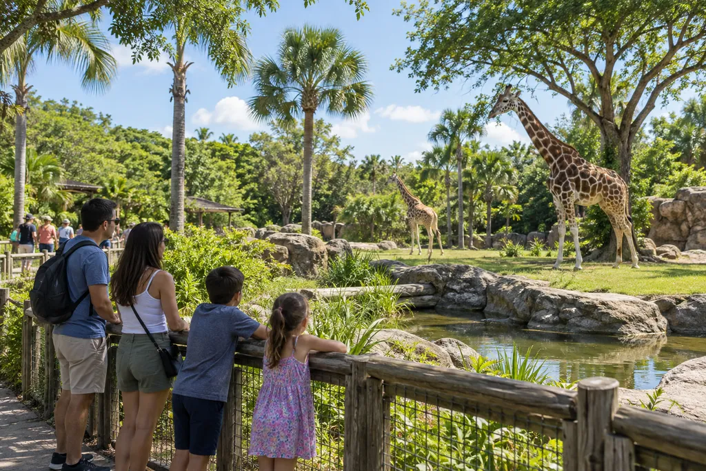 Family watching giraffes in an outdoor zoo exhibit.