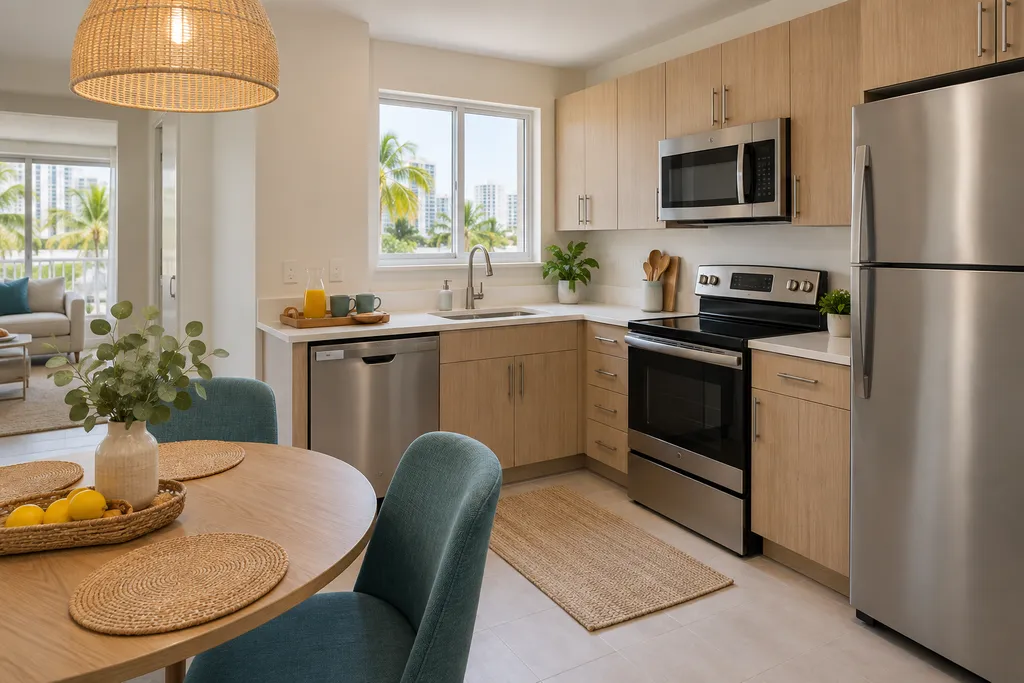 Kitchen with wooden table, blue chairs, stainless steel appliances, and a window.
