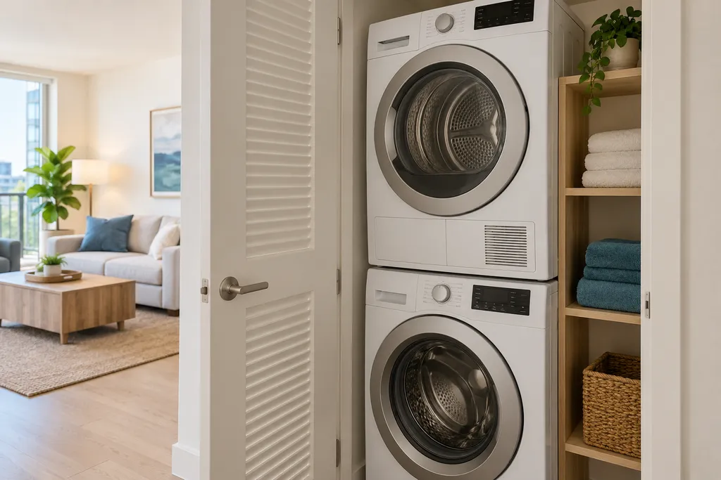 Stacked washer and dryer in a laundry closet with a couch and coffee table.