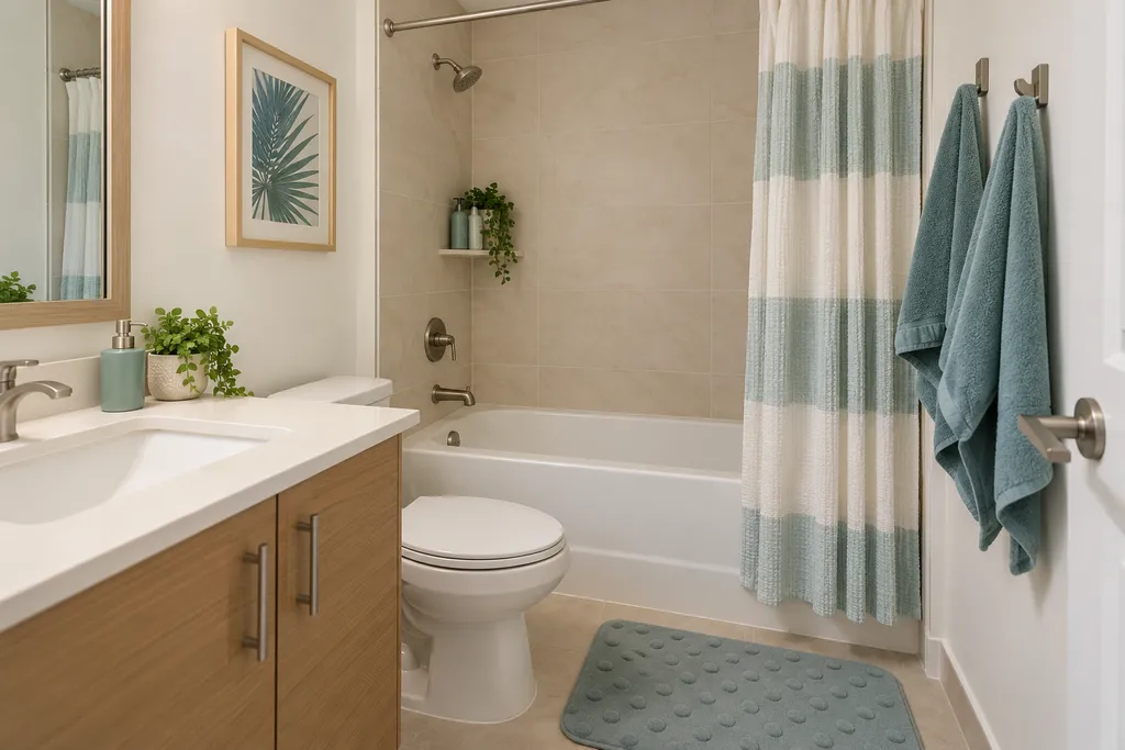 A bathroom with a white toilet, sink, bathtub, and shower curtain.