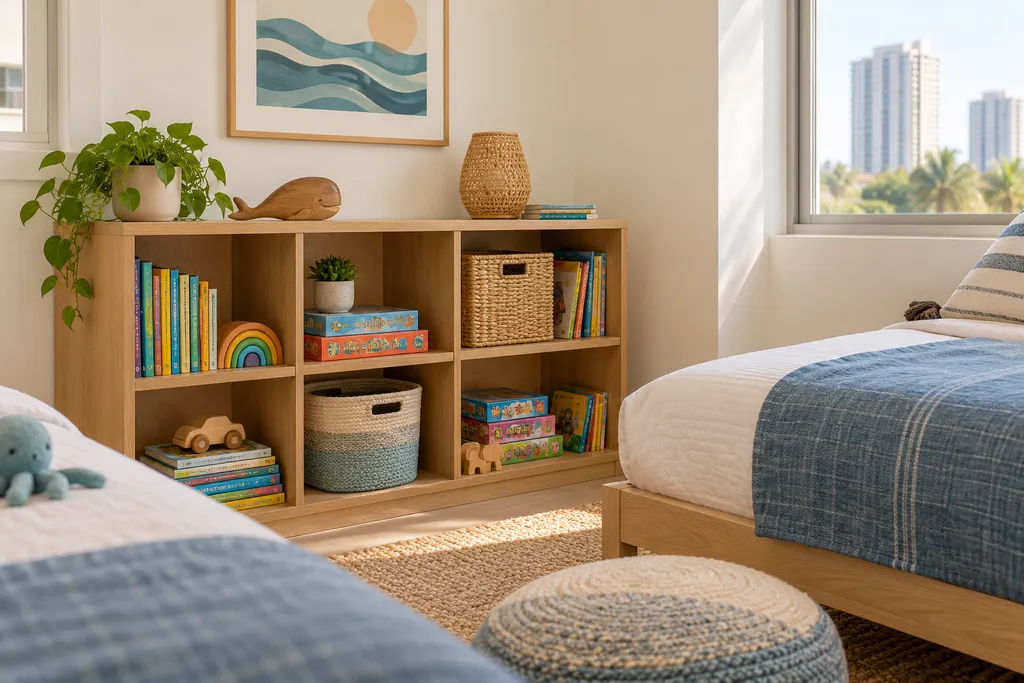 Two twin beds, a bookshelf, and a rug in a bright bedroom.