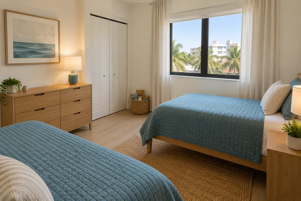 Two twin beds with blue blankets and white pillows in a room with a window.