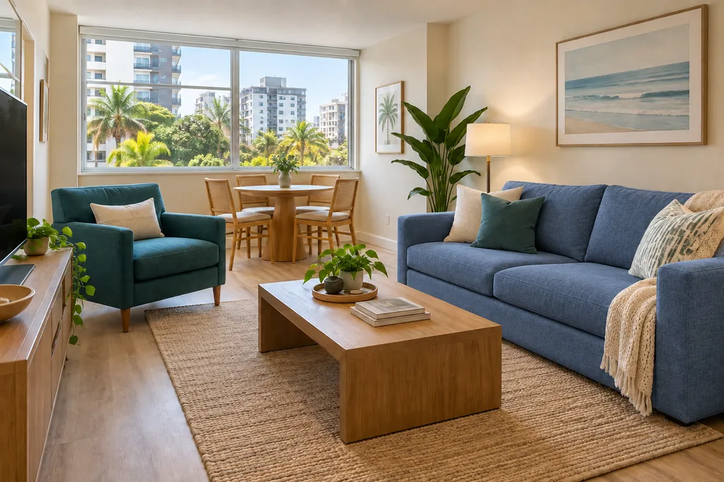 A living room with a blue sofa, a wooden coffee table, and a view of the city.